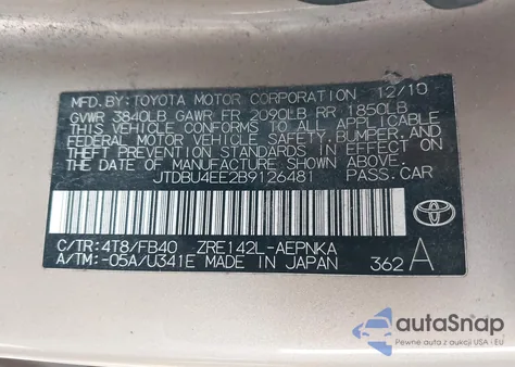 2011 Toyota Corolla Le из США, поврежденный, VIN JTDBU4EE2B9126481